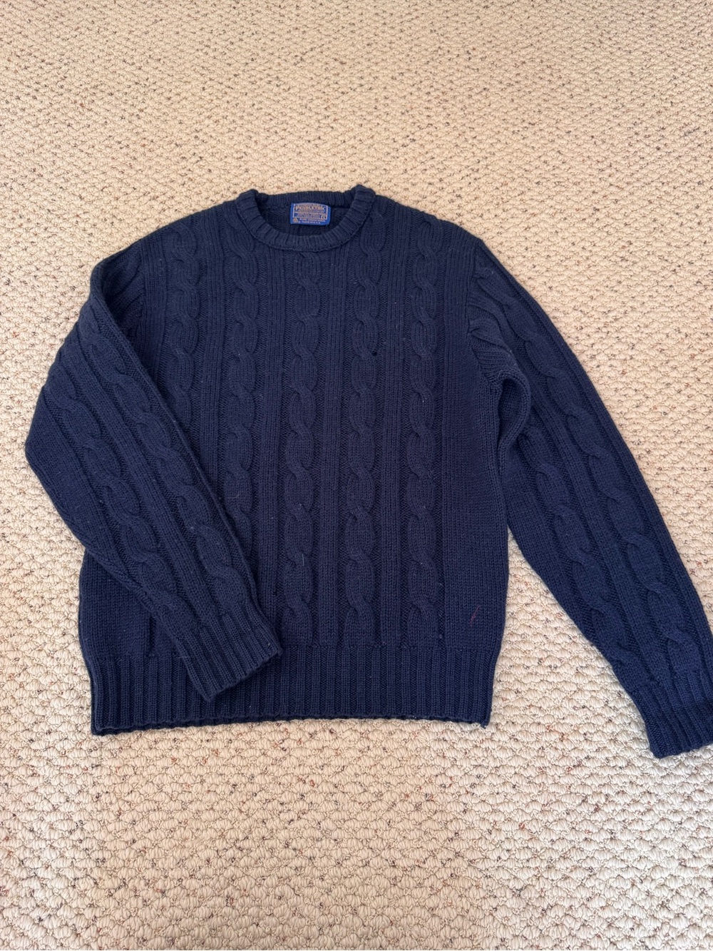 Vintage Pendleton Classic Cable-Knit Navy Crewneck Sweater - 100% Wool
